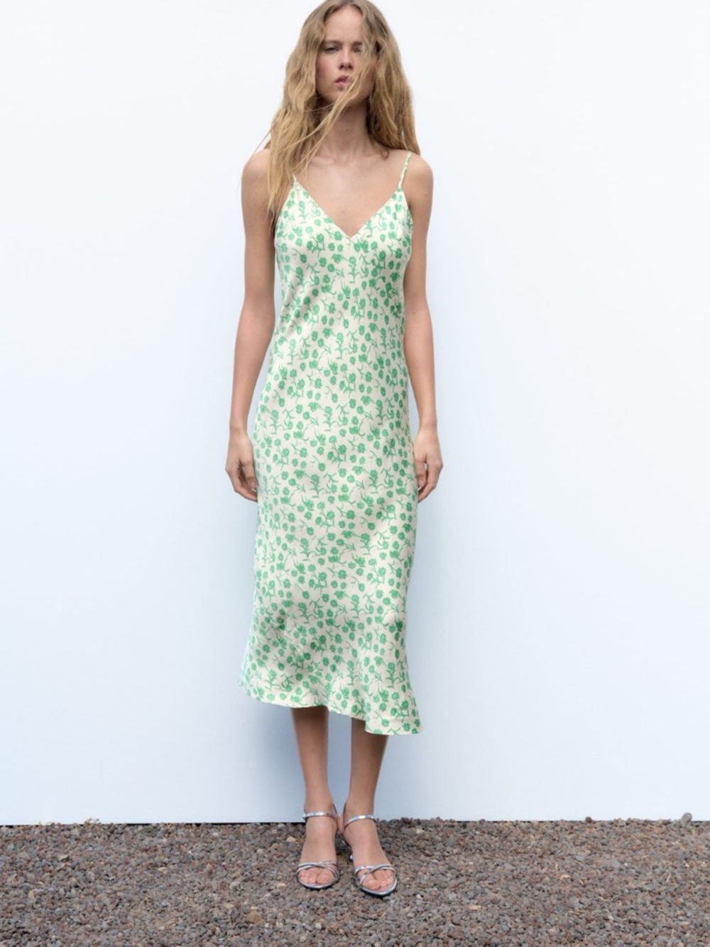 Zara LARA White Slip Dress with Green Floral Print